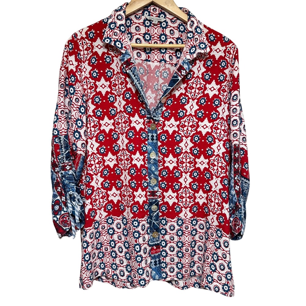JOHN MARK‎ Floral Print Button Down Shirt Womens M Red Blue Americana Patchwork
